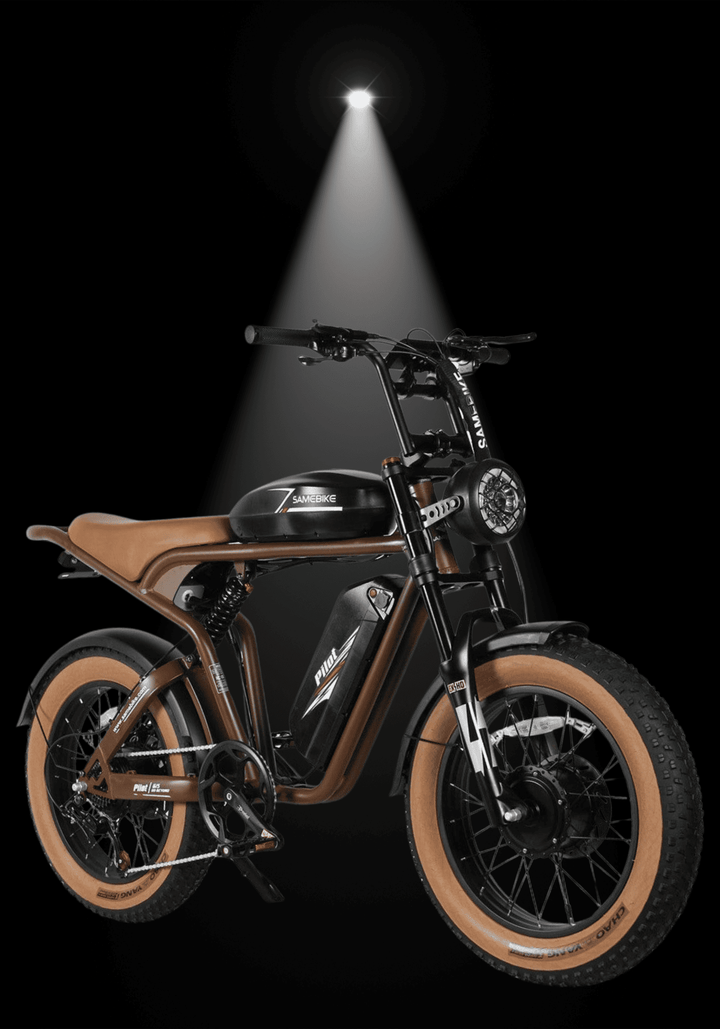 SAMEBIKE M20-III electric bike featuring a stylish design and powerful dual motors under a spotlight.