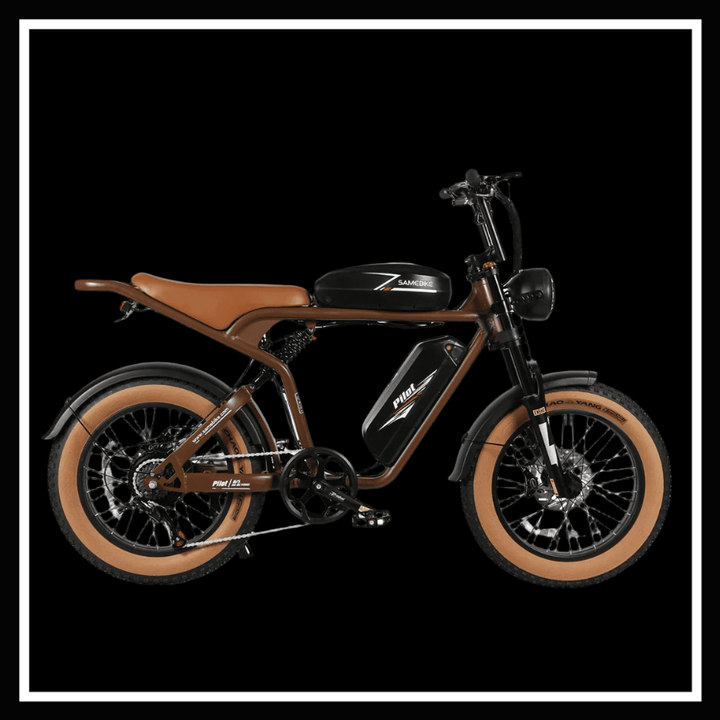 Samebike M20-III electric bike with dual motors, leather seat, and rugged tires on a black background.
