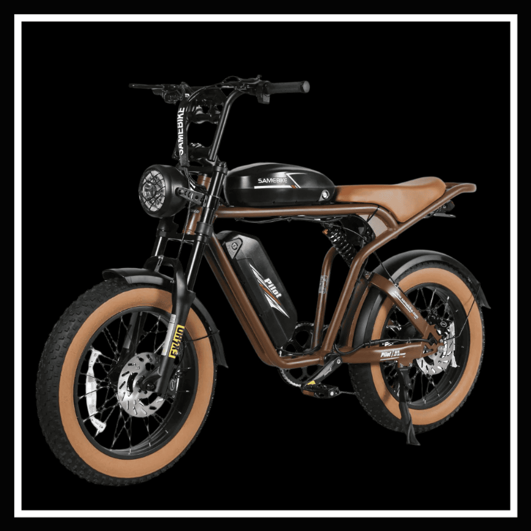 Samebike M20-III electric bike with fat tires and dual suspension, showcasing its rugged design and performance.
