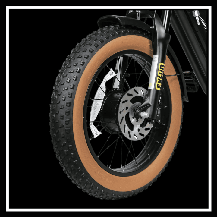 Samebike M20-III electric bike showing a close-up of its fat tire and robust wheel design.
