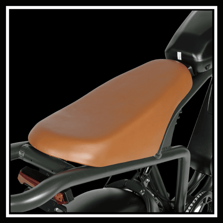 Comfortable brown seat of SAMEBIKE M20-III electric bike, designed for long rides and enhanced comfort.