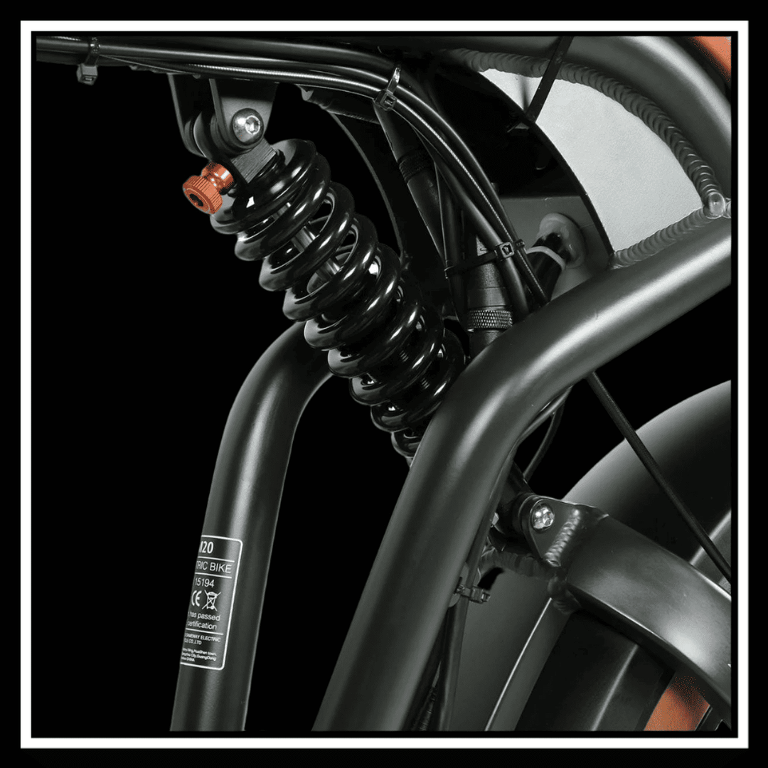 Close-up of the suspension system on the 🇮🇪🇪🇺🇬🇧🇺🇸 SAMEBIKE M20-III electric bike frame, showcasing quality and design.