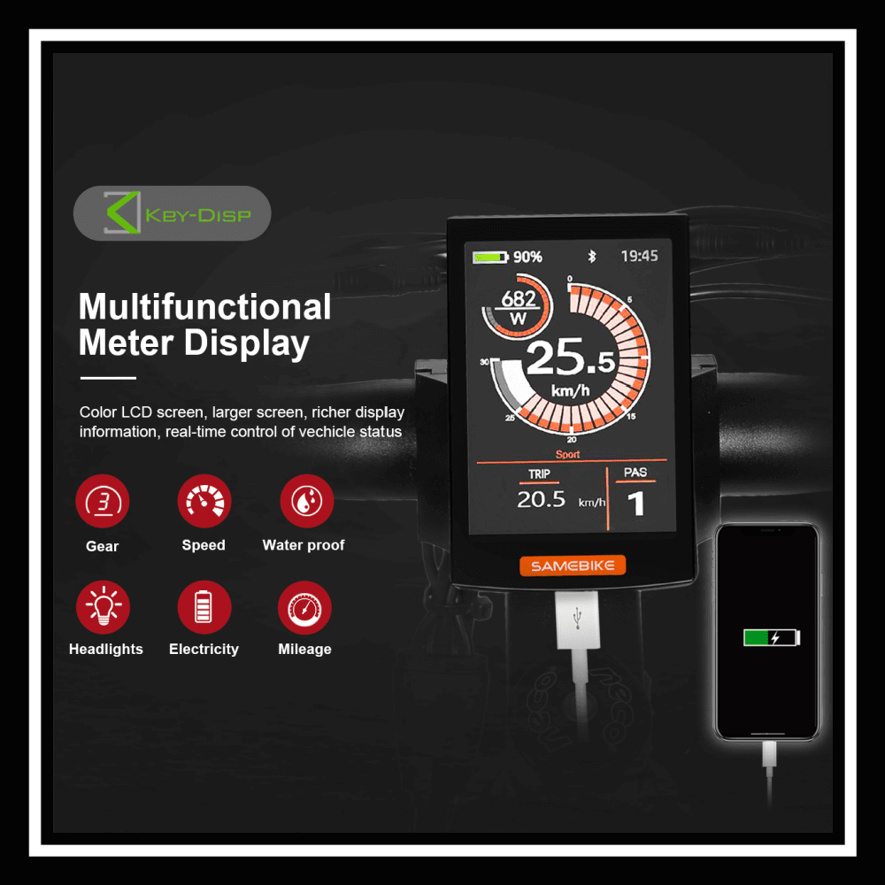 Multifunctional meter display of the 🇮🇪🇪🇺 SAMEBIKE RSA08-II showing speed, battery, and various performance metrics.