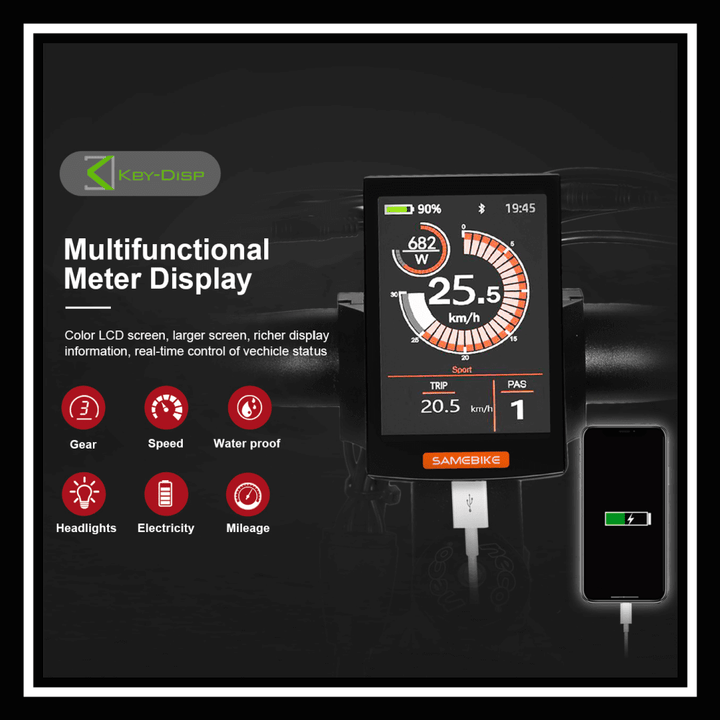 SAMEBIKE RSA08-II ELECTRIC BIKE multifunctional meter display showing gear, speed, and mileage information.