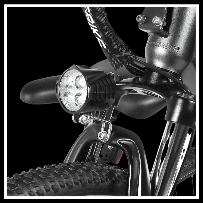 Close-up of the headlight on a SAMEBIKE RS-A01 MEN Electric City Bike showcasing its powerful illumination for safe rides.