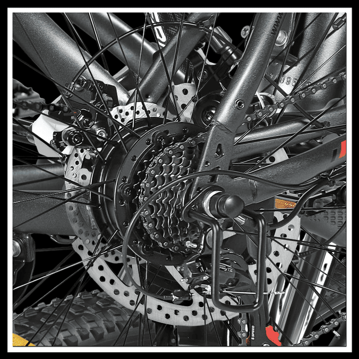Close-up of SAMEBIKE RS-A01 MEN Electric City Bike's rear wheel and braking system.