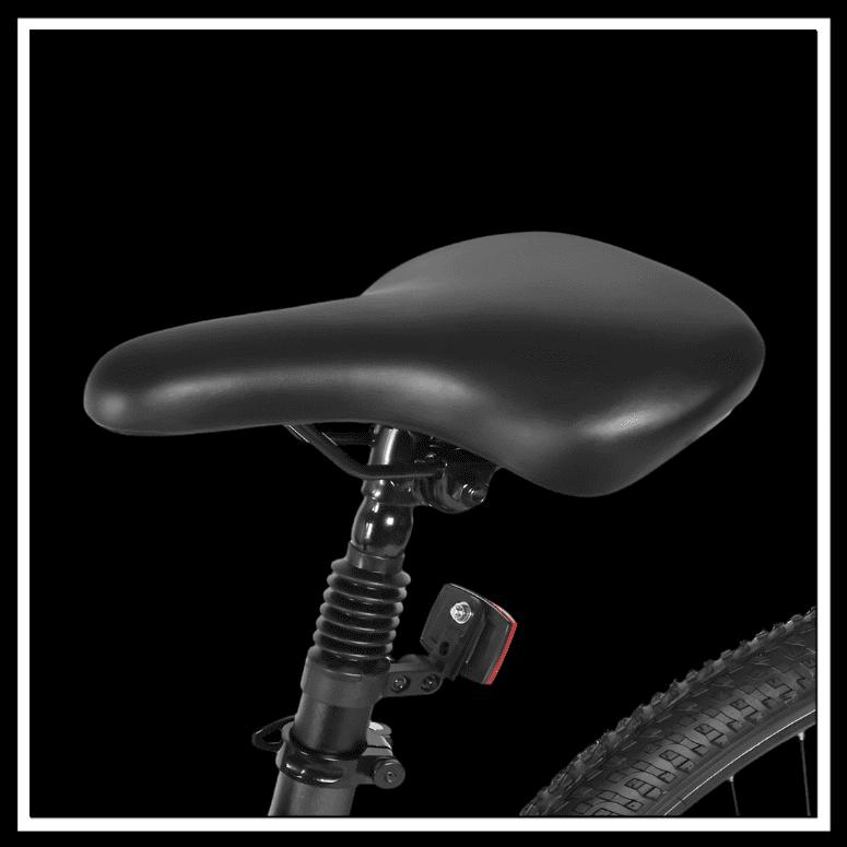 Close-up of the comfortable saddle on the SAMEBIKE RS-A01 MEN Electric City Bike, designed for an enjoyable ride.