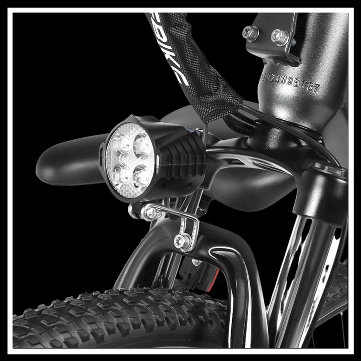 SAMEBIKE RS-A01 MEN electric bike front light detail for improved visibility during night rides.