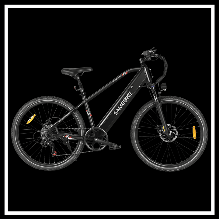 SAMEBIKE RS-A01 MEN Electric City Bike side view on a black background, showcasing its sleek design and functionality.