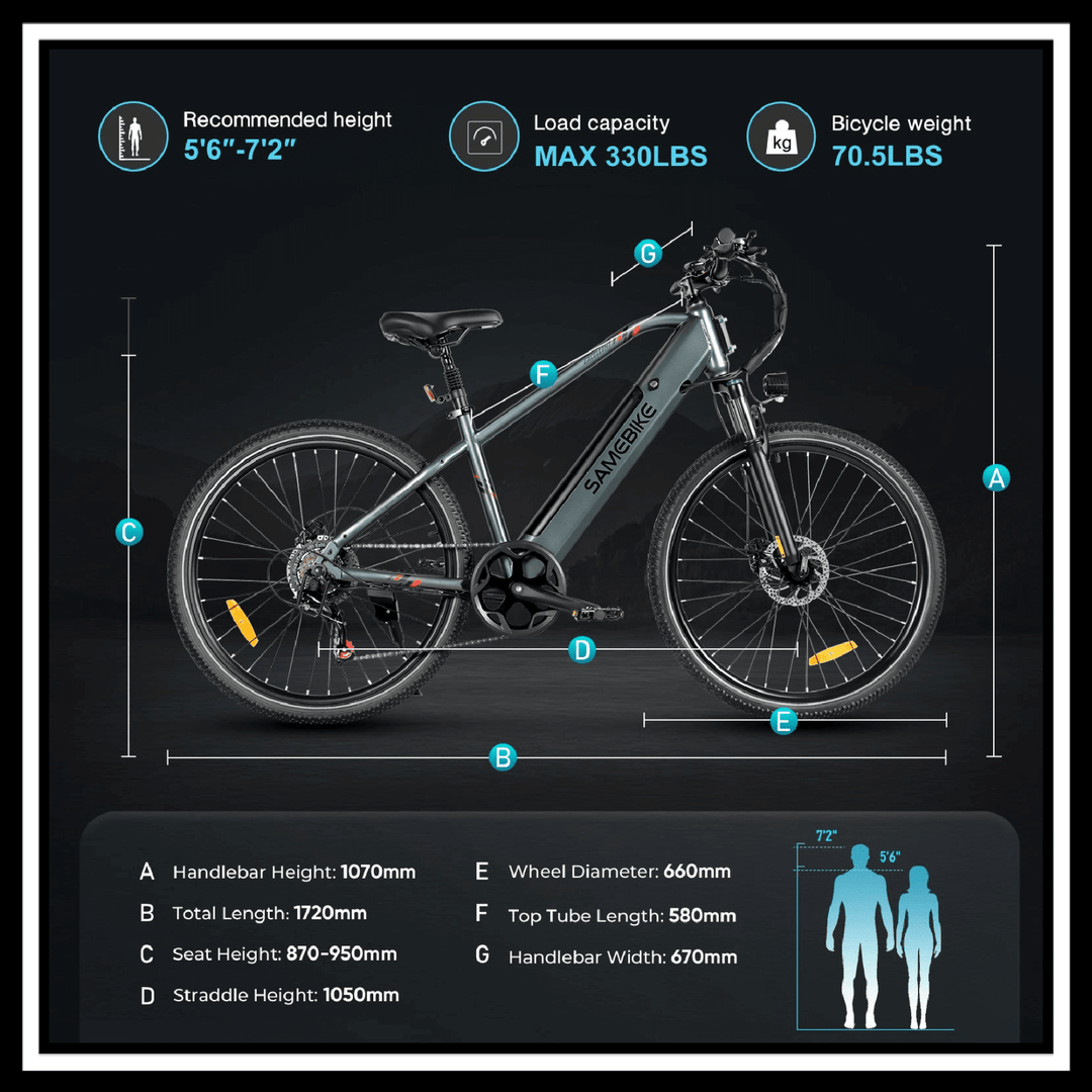 SAMEBIKE RS-A01 MEN electric city bike dimensions and specifications for optimal commuting and biking.
