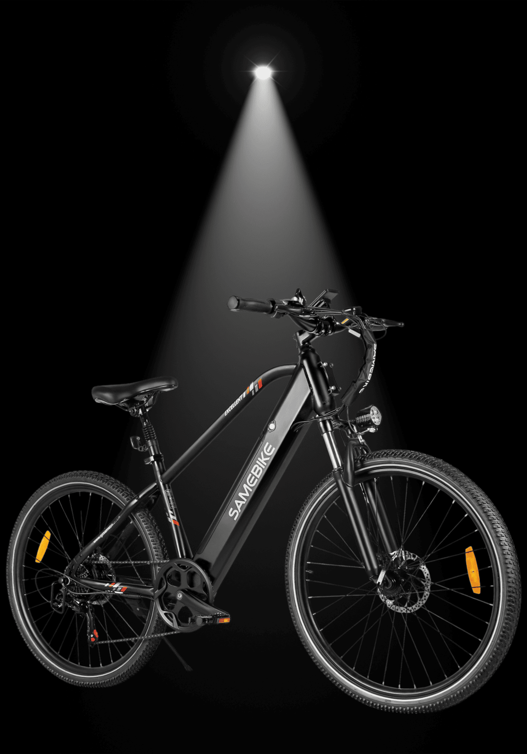 SAMEBIKE RS-A01 MEN ELECTRIC BIKE showcased under spotlight on black background, emphasizing its sleek design.