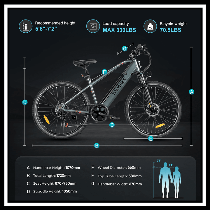 SAMEBIKE RS-A01 MEN electric city bike dimensions and specifications for optimal commuting and biking.