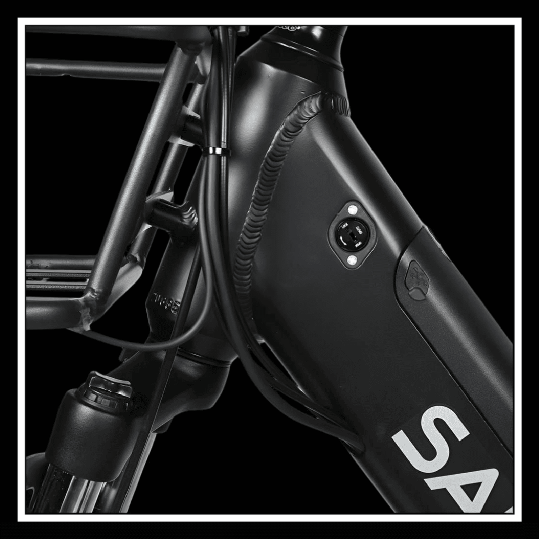 Close-up of the battery and frame of the SAMEBIKE RS-A01 PLUS Electric City Bike.