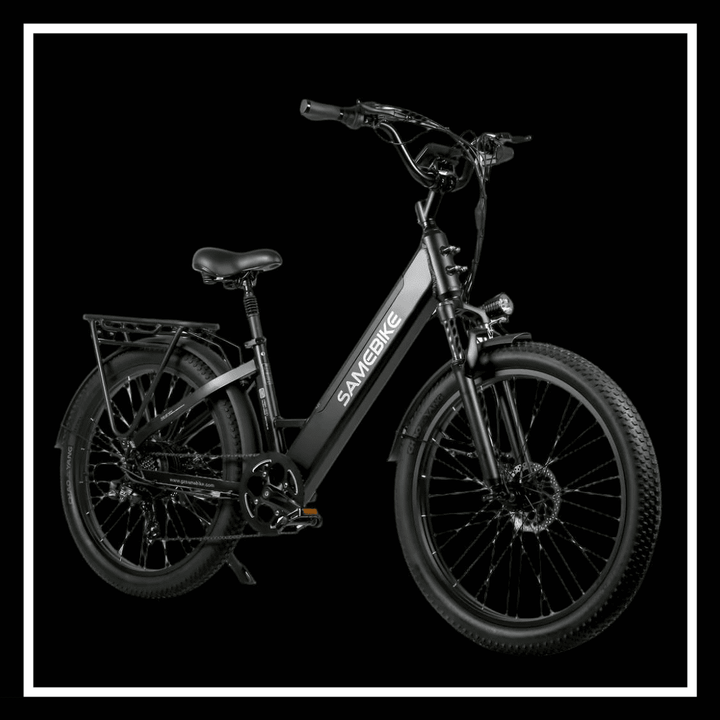 SAMEBIKE RS-A01 PLUS electric bike in sleek black design with fat tires and powerful features.