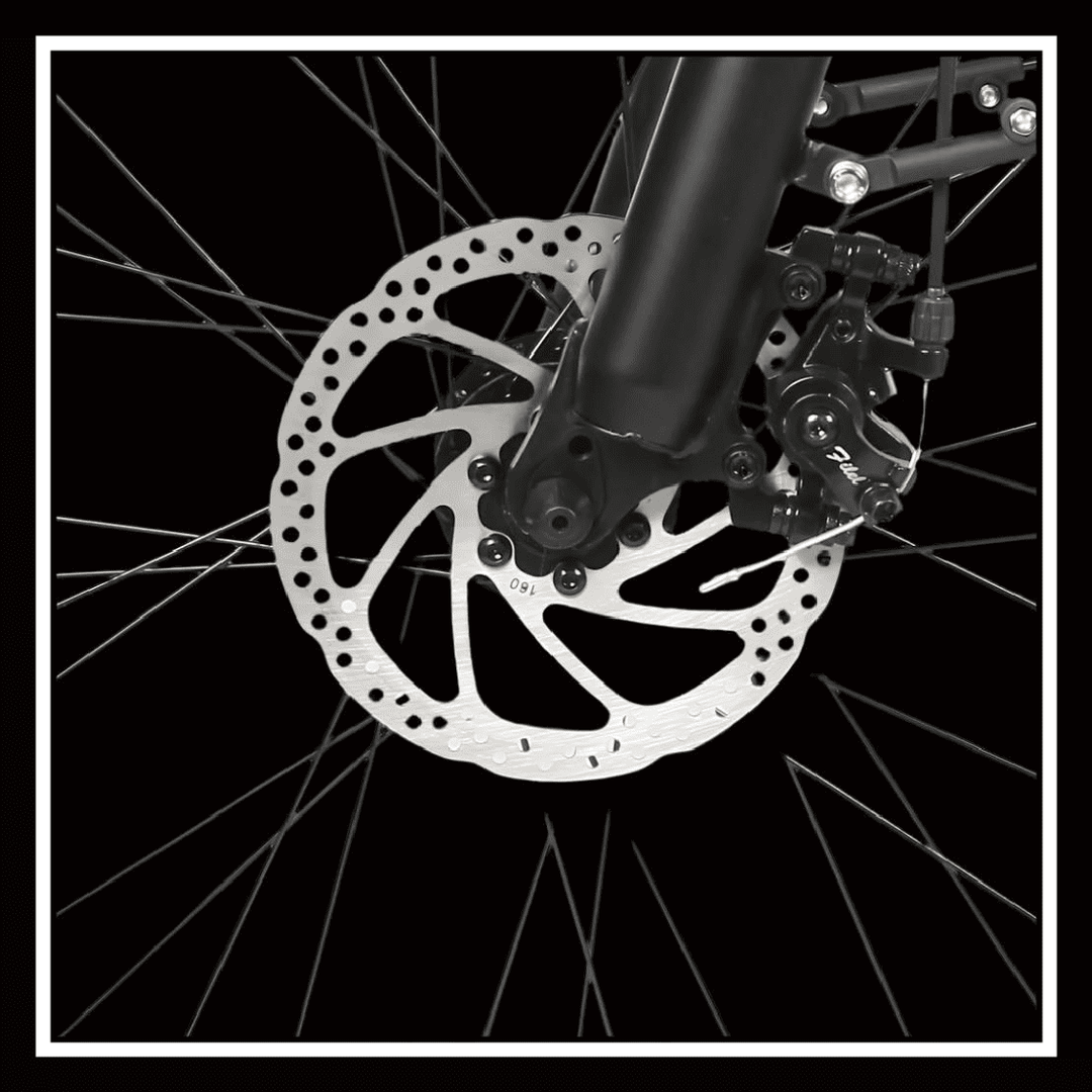 Close-up of SAMEBIKE RS-A01 PLUS electric bike front disc brake system.