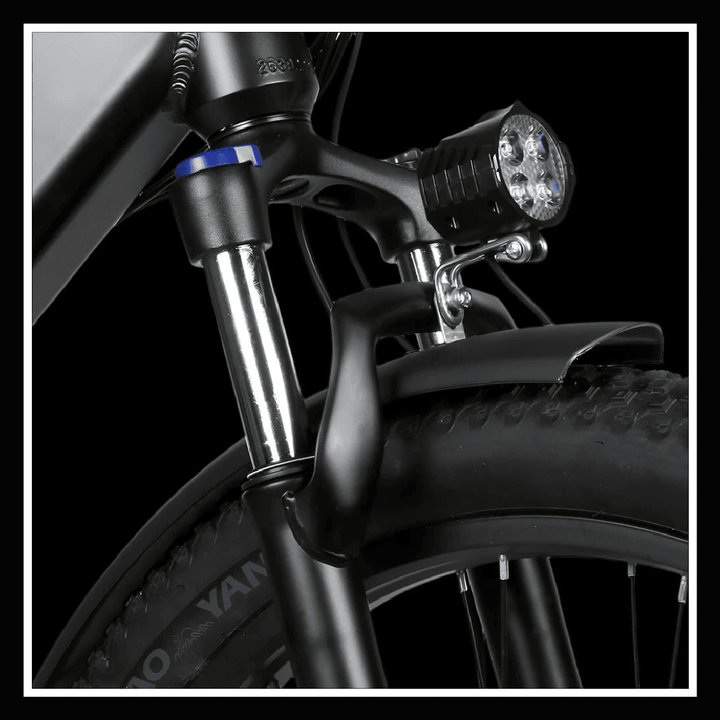 Close-up of SAMEBIKE RS-A01 PLUS electric bike front suspension and headlight.