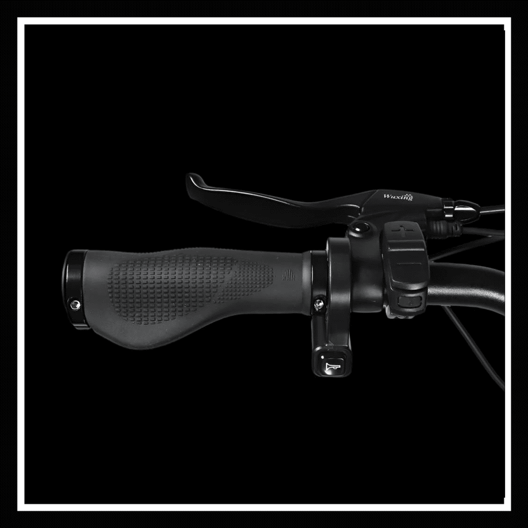 Close-up of SAMEBIKE RS-A01 PLUS electric bike handlebar grip and controls.