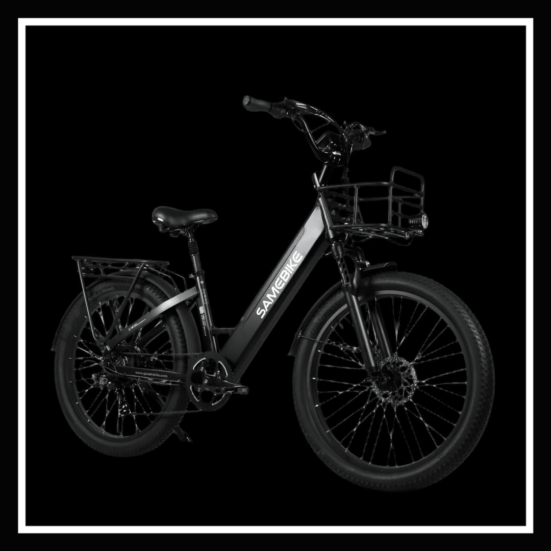 SAMEBIKE RS-A01 PLUS electric bike with a sturdy design and front basket on a black background