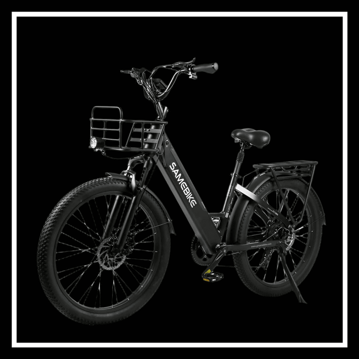 SAMEBIKE RS-A01 PLUS Electric City Bike with robust design and powerful wheels on a black background.