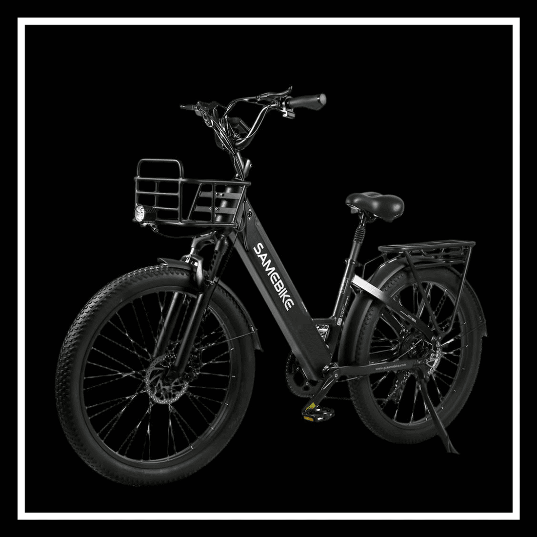 SAMEBIKE RS-A01 PLUS Electric City Bike with robust design and powerful wheels on a black background.