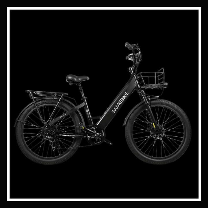 SAMEBIKE RS-A01 PLUS electric city bike in black with rear basket and wide tires on a black background.