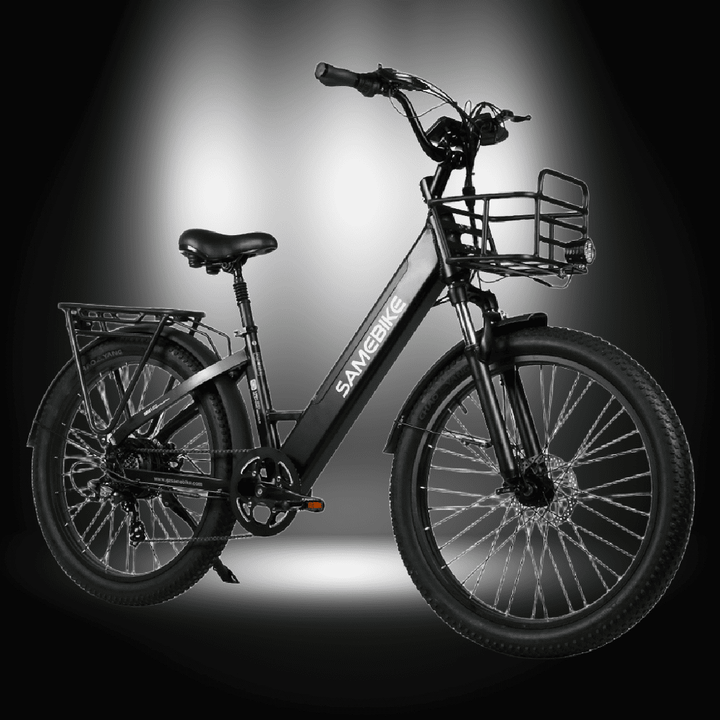 SAMEBIKE RS-A01 PLUS Electric City Bike with a robust design and front basket for commuting.