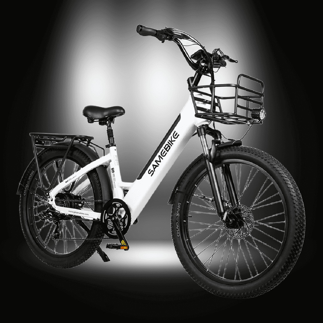 SAMEBIKE RS-A01 PLUS Electric City Bike in white with basket and sturdy tires.