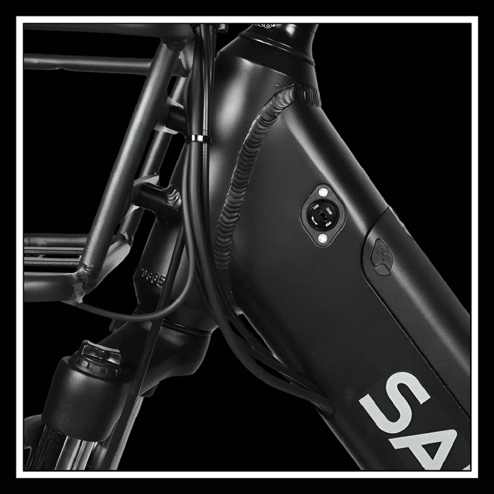 Close-up of the battery and frame of the SAMEBIKE RS-A01 PLUS Electric City Bike.