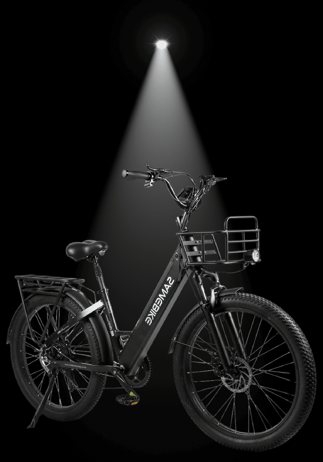 SAMEBIKE RS-A01 PLUS electric bike showcased under spotlight, highlighting its sleek design and features.