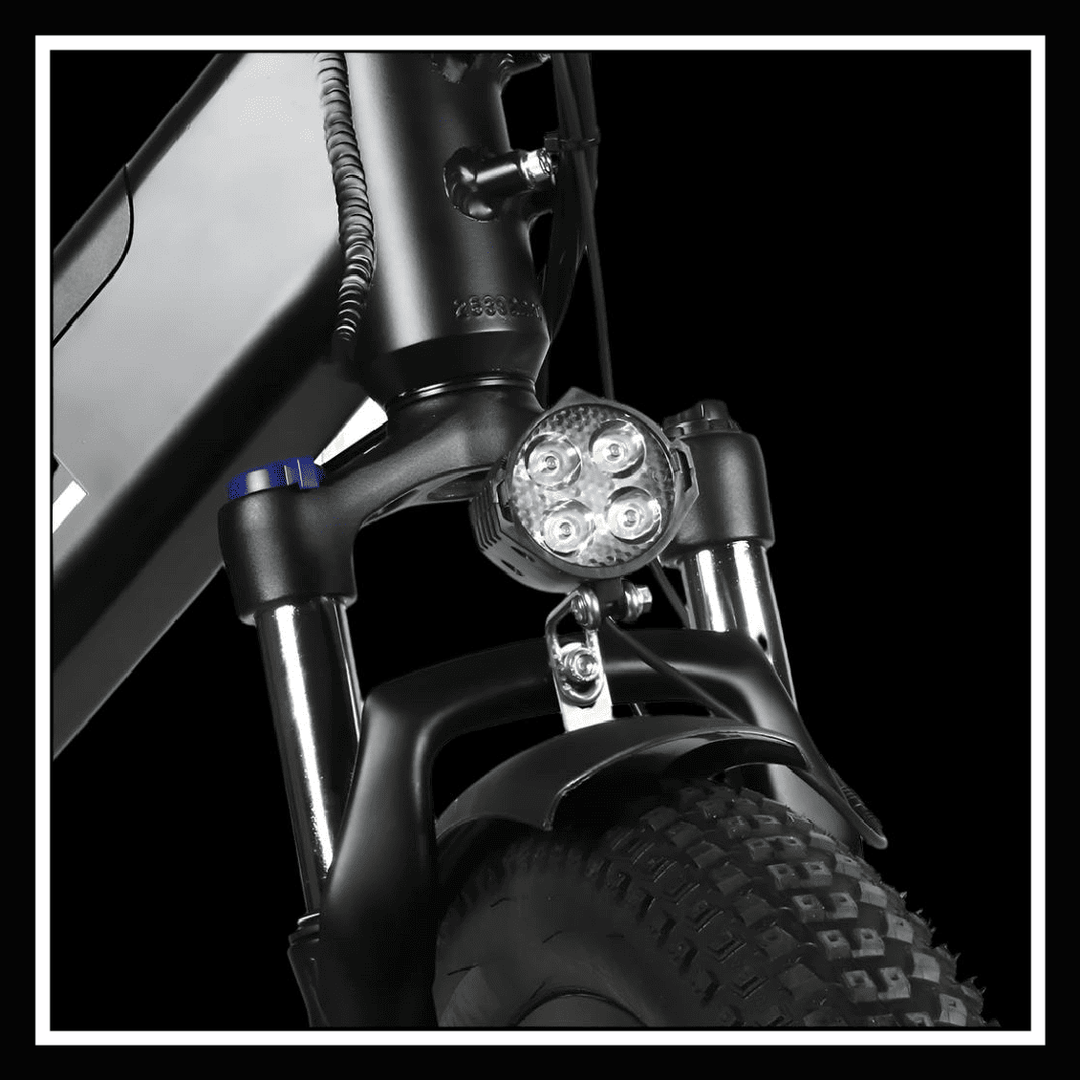 Front view of SAMEBIKE RS-A01 PLUS electric bike featuring headlight and robust suspension.