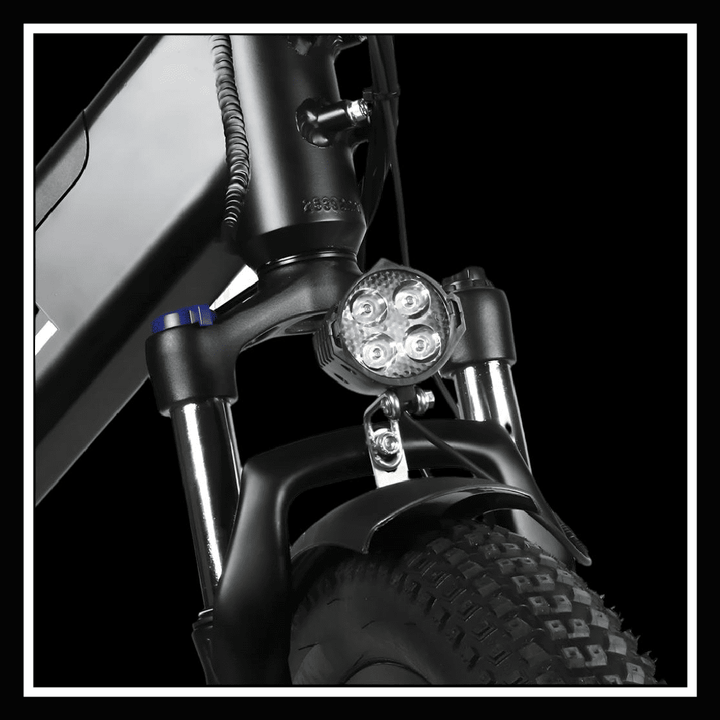 Front view of SAMEBIKE RS-A01 PLUS electric bike featuring headlight and robust suspension.