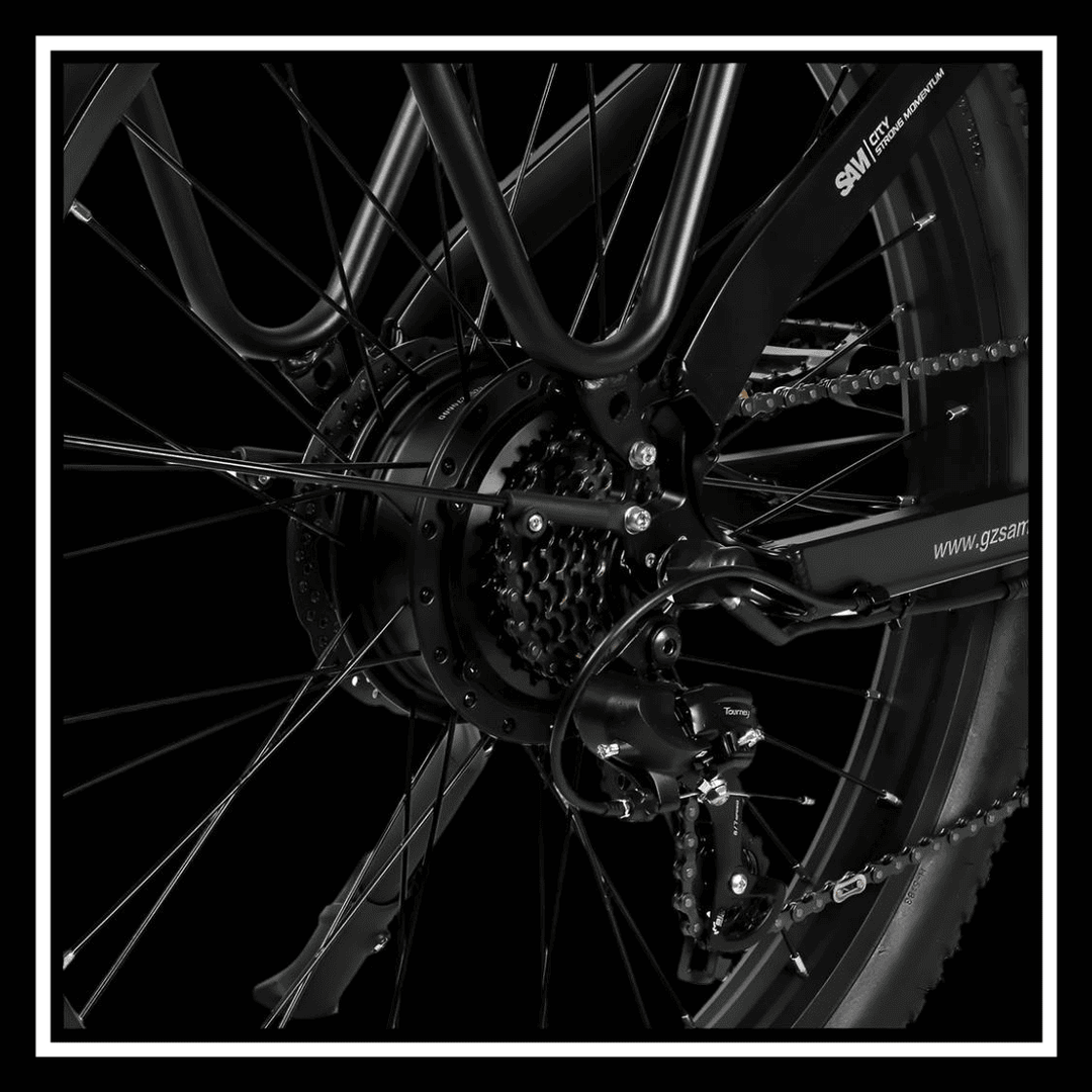 SAMEBIKE RS-A01 PLUS electric bike rear motor close-up showcasing powerful 750W performance.