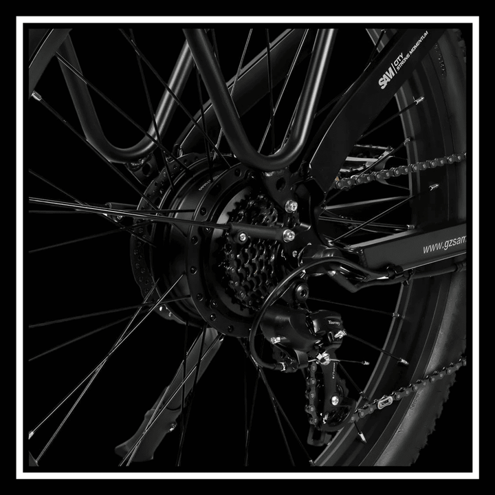 SAMEBIKE RS-A01 PLUS electric bike rear motor close-up showcasing powerful 750W performance.