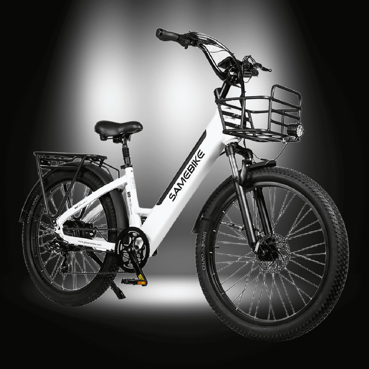 SAMEBIKE RS-A01 PLUS electric bike with a sporty design and front basket, ideal for urban commuting.
