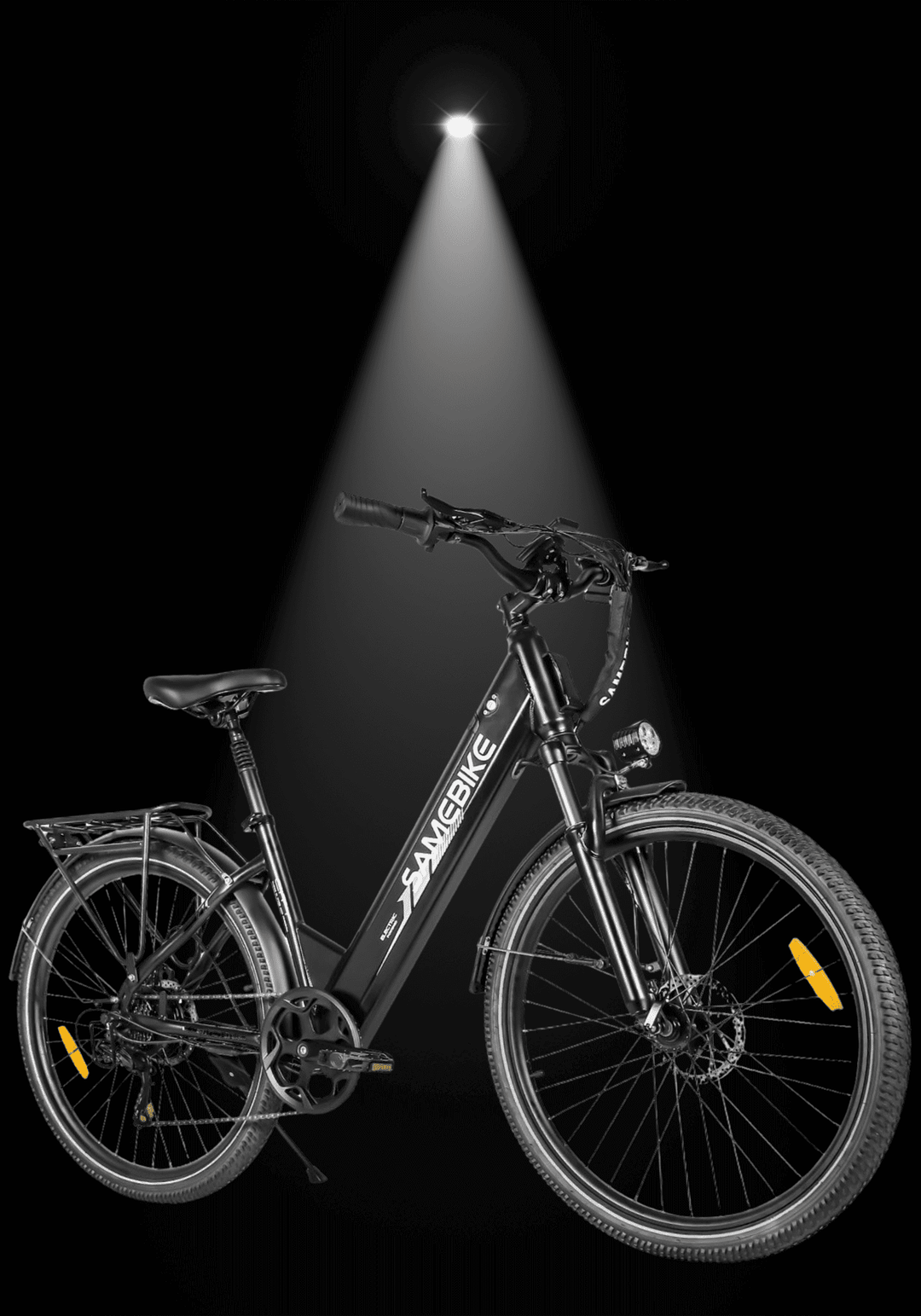 SAMEBIKE RS-A01 PRO electric bicycle under spotlight, showcasing sleek design for city commuting.