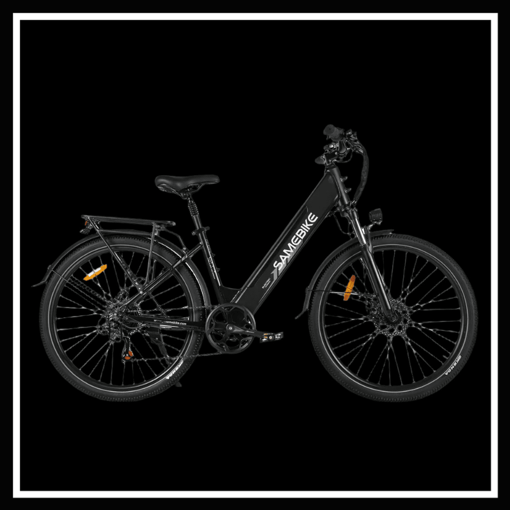 SAMEBIKE RS-A01 PRO electric bicycle showcased against a black background, perfect for city commuting and adventures.