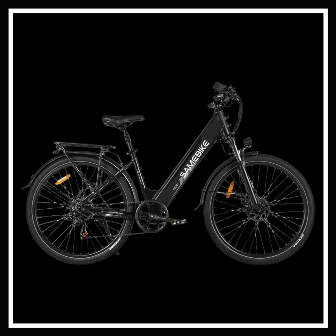 SAMEBIKE RS-A01 PRO electric bicycle showcased against a black background, perfect for city commuting and adventures.