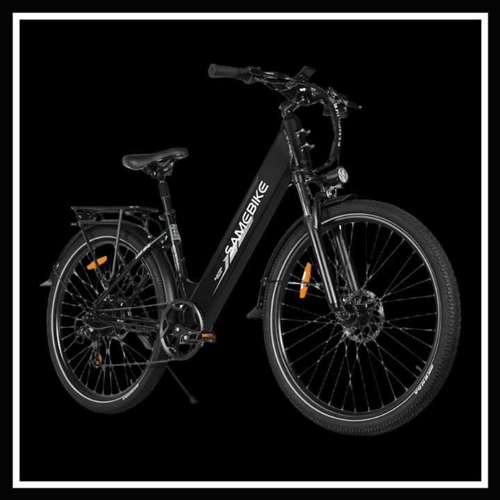 SAMEBIKE RS-A01 PRO electric bicycle in sleek black design, ideal for city commuting and weekend adventures.