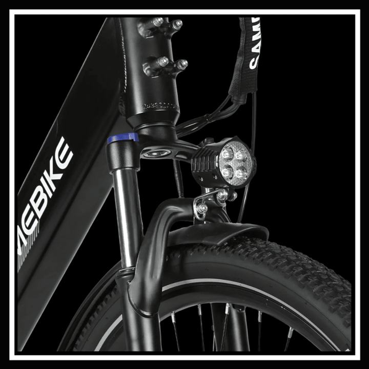 Front fork and headlight of the SAMEBIKE RS-A01 PRO electric bicycle.