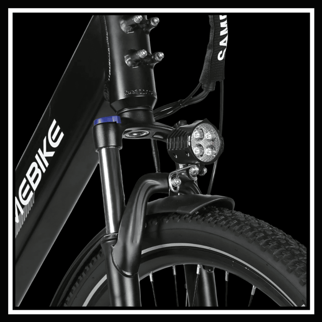 Front fork and headlight of the SAMEBIKE RS-A01 PRO electric bicycle.