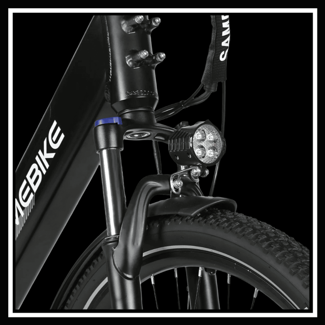 Front fork and headlight of the SAMEBIKE RS-A01 PRO electric bicycle.