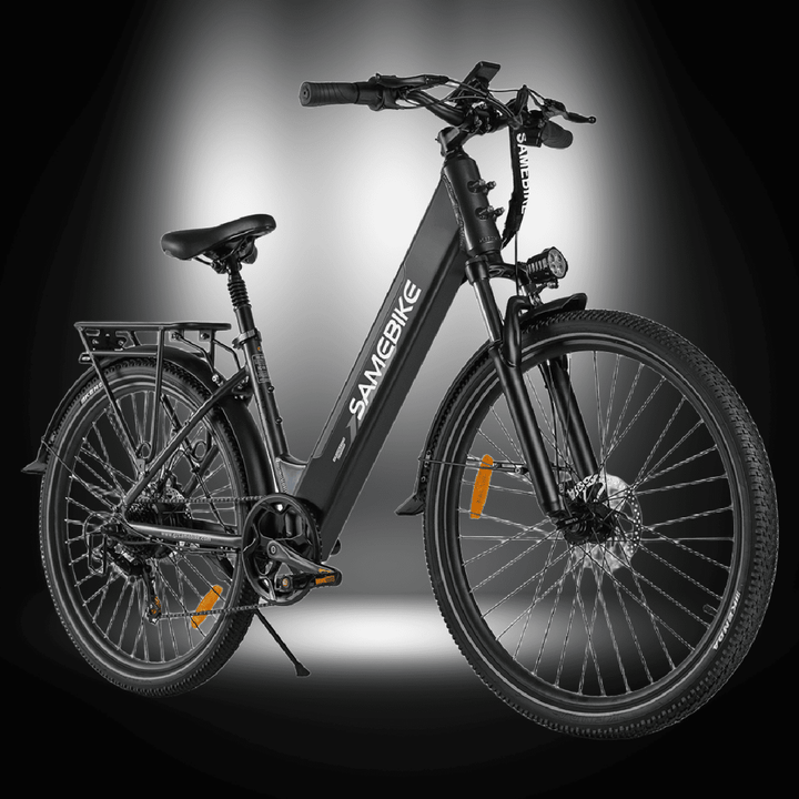 SAMEBIKE RS-A01 PRO sleek electric bicycle in black, featuring modern design and advanced technology for city commuting.