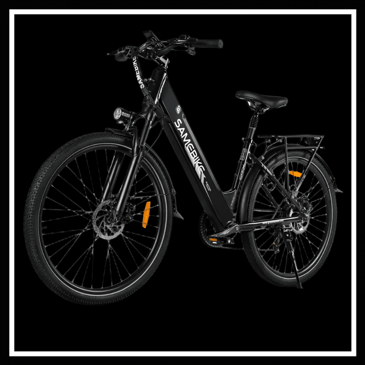 SAMEBIKE RS-A01 PRO electric bicycle with sleek design and modern features on a black background.