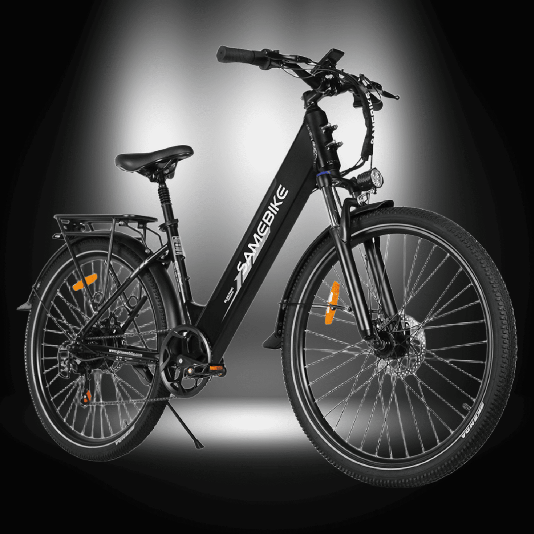 alt_tag: SAMEBIKE RS-A01 PRO electric bicycle with a sleek black design, ideal for city commuting and weekend rides.