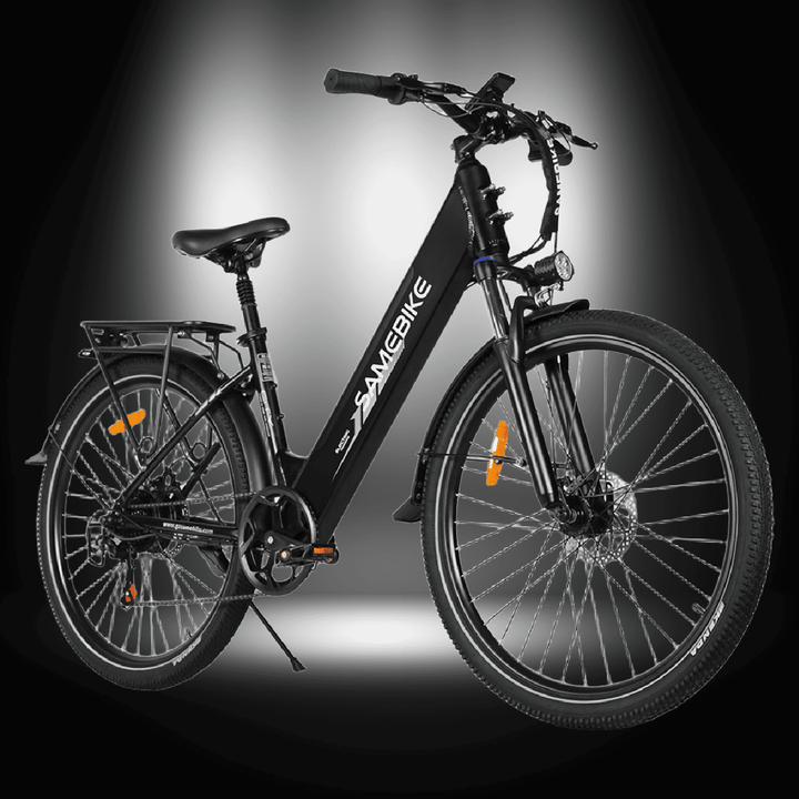 alt_tag: SAMEBIKE RS-A01 PRO electric bicycle with a sleek black design, ideal for city commuting and weekend rides.