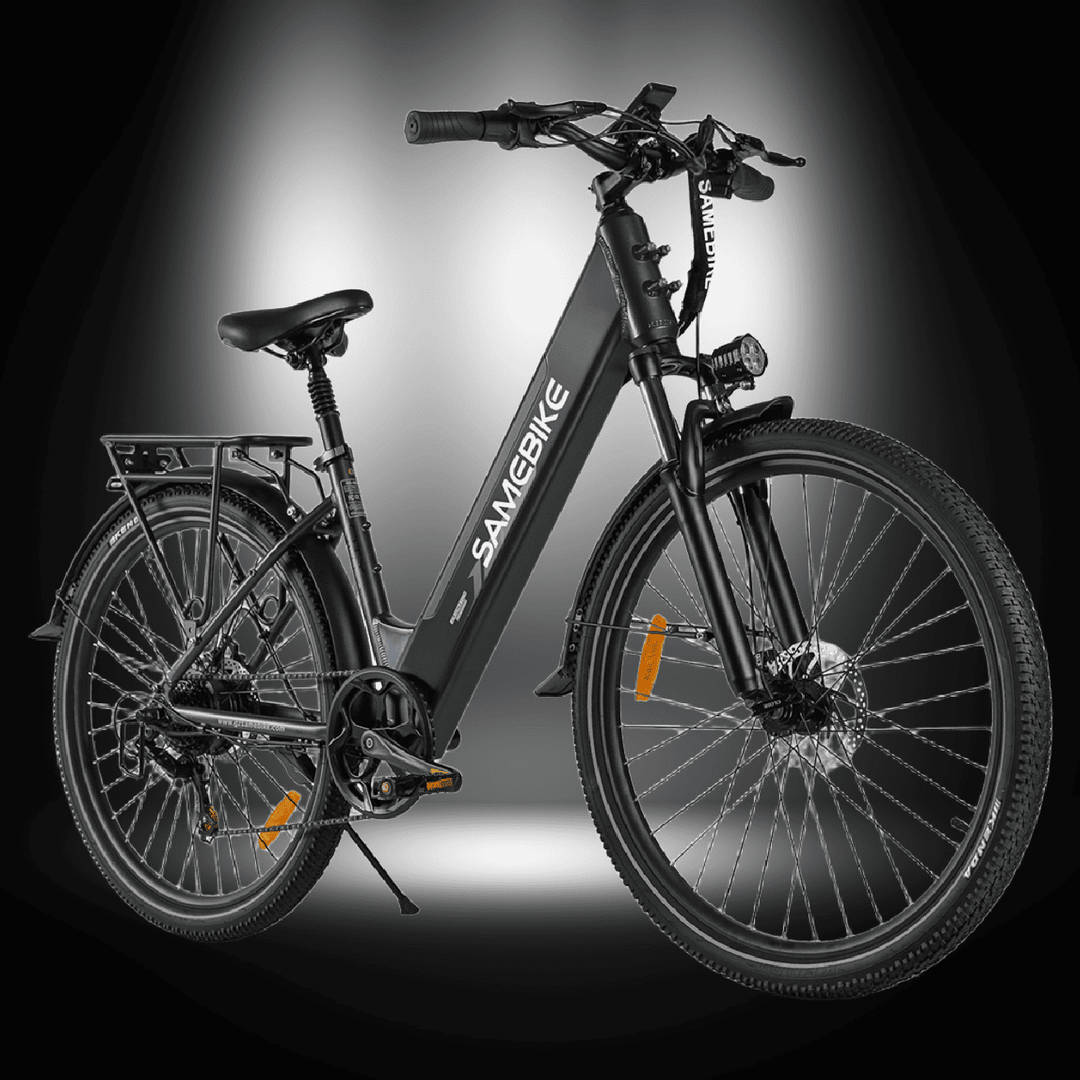 SAMEBIKE RS-A01 PRO sleek electric bicycle in black, featuring modern design and advanced technology for city commuting.