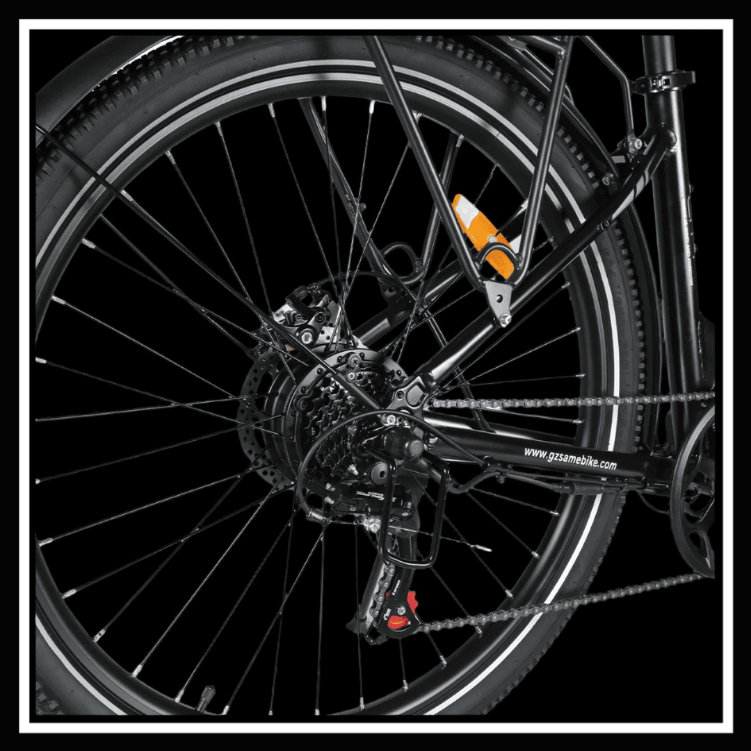 SAMEBIKE RS-A01 PRO rear wheel close-up showcasing the high-performance motor and gear system.