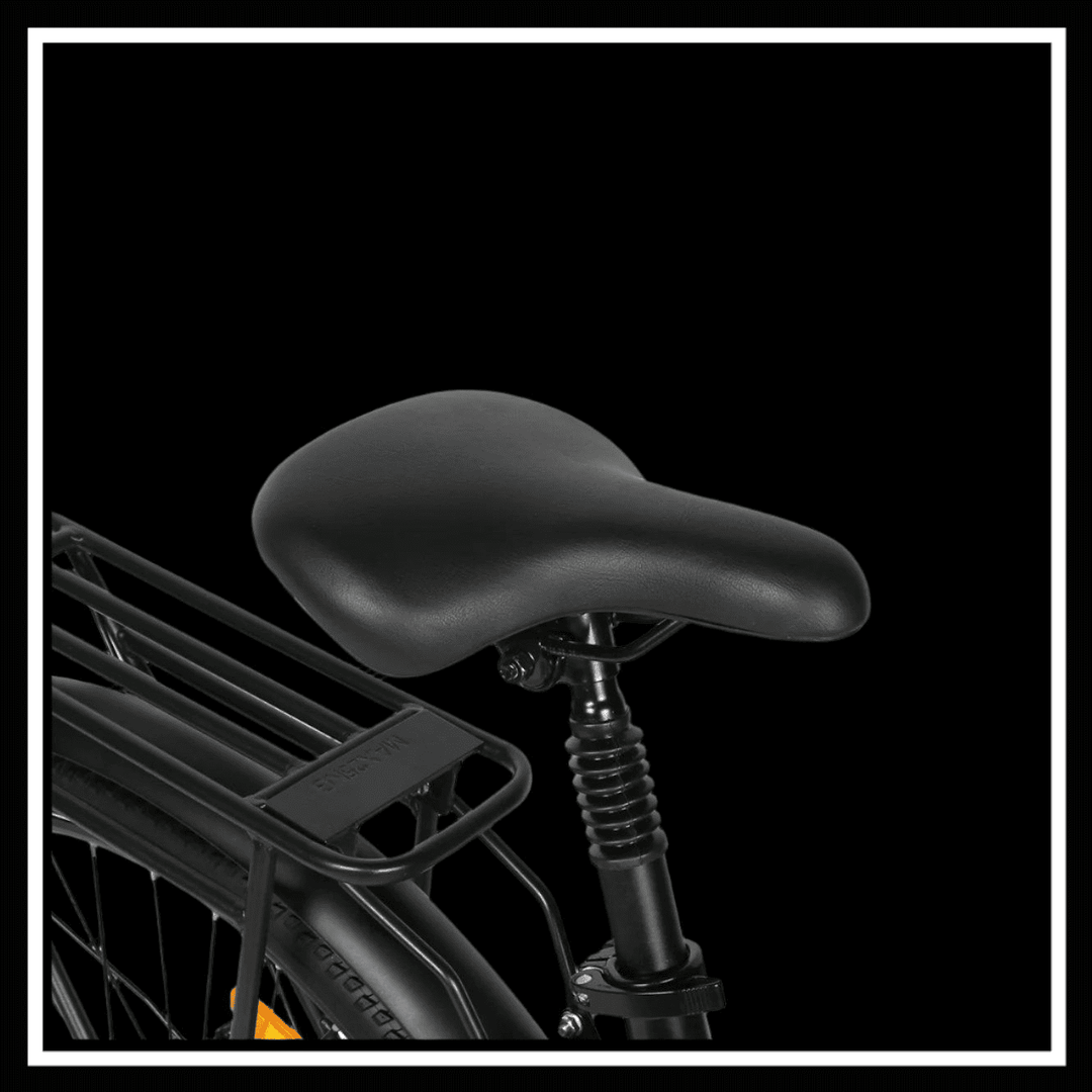 SAMEBIKE RS-A01 PRO bicycle seat close-up, featuring comfortable black saddle and suspension for a smooth ride.
