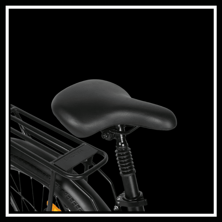 SAMEBIKE RS-A01 PRO bicycle seat close-up, featuring comfortable black saddle and suspension for a smooth ride.