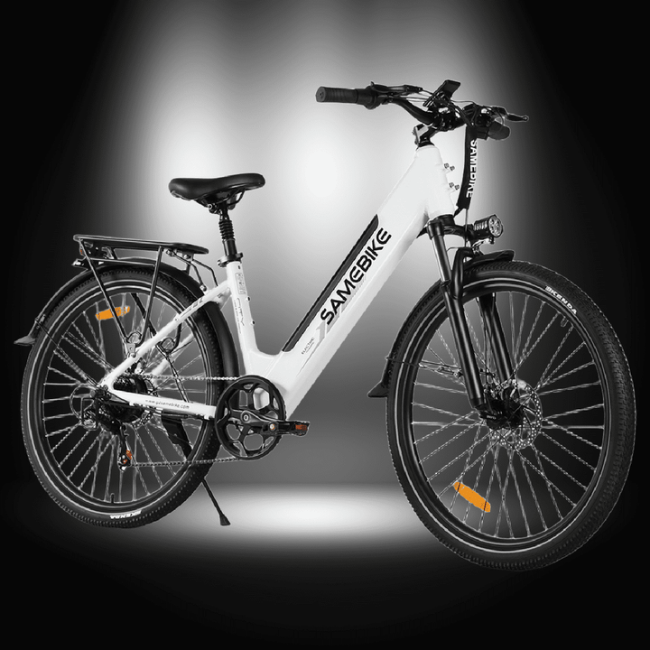 SAMEBIKE RS-A01 PRO electric bicycle in sleek white design against a dark background.